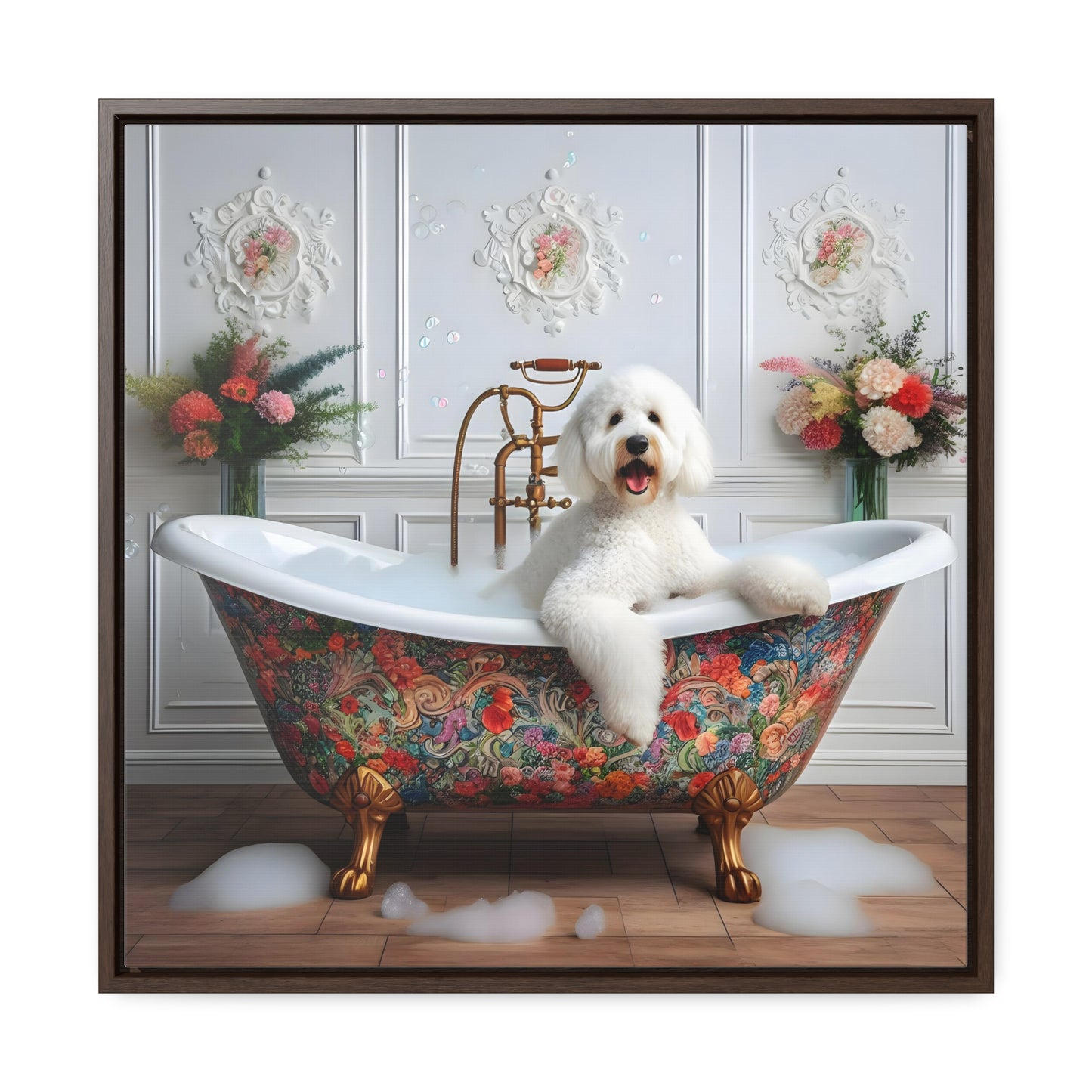 White Doodle Antique Tub Gallery Canvas Picture - Wooden Square Frame - Nice!