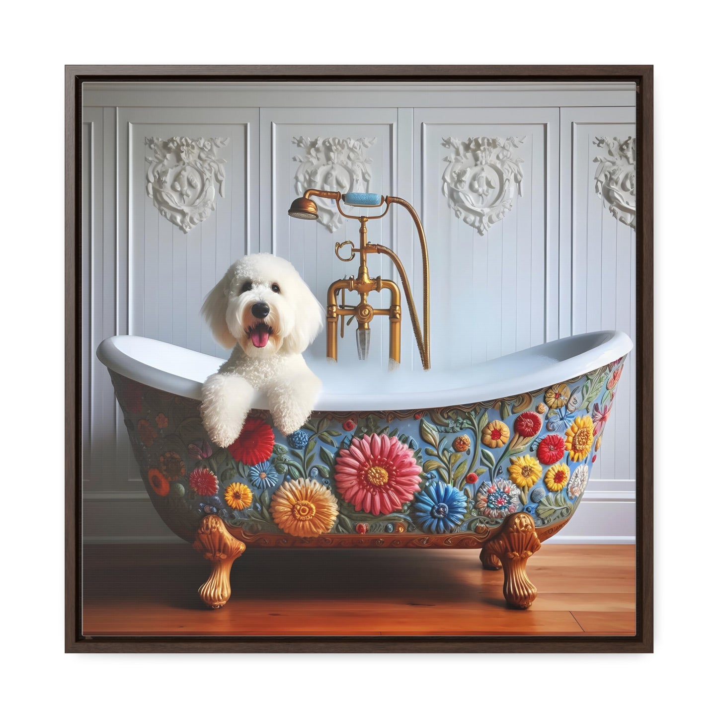 White Doodle Claw foot Tub Gallery Canvas Picture - Wooden Square Frame - Nice!