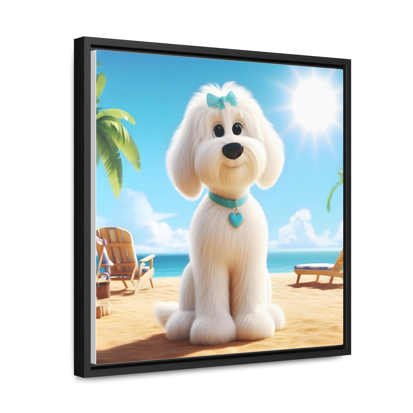 White Doodle Puppy Cartoon Inspired - Wooden Gallery Canvas - Square Frame - Nice!