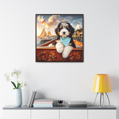 Bernedoodle on Sailboat - Wooden Gallery Canvas Picture - Square Frame - Nice!