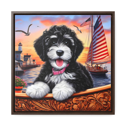 Black and White Doodle on Sailboat at Sunset - Wooden Gallery Canvas Picture - Square Frame - Nice!