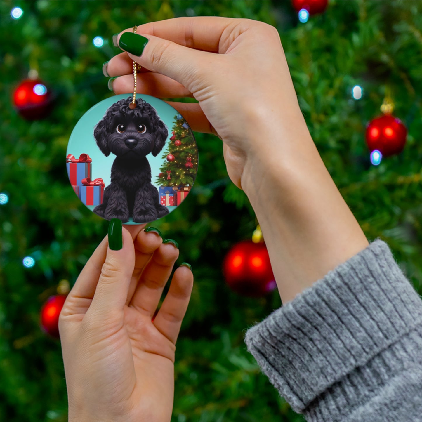 Christmas Black Doodle Cartoon Inspired Ceramic Ornament