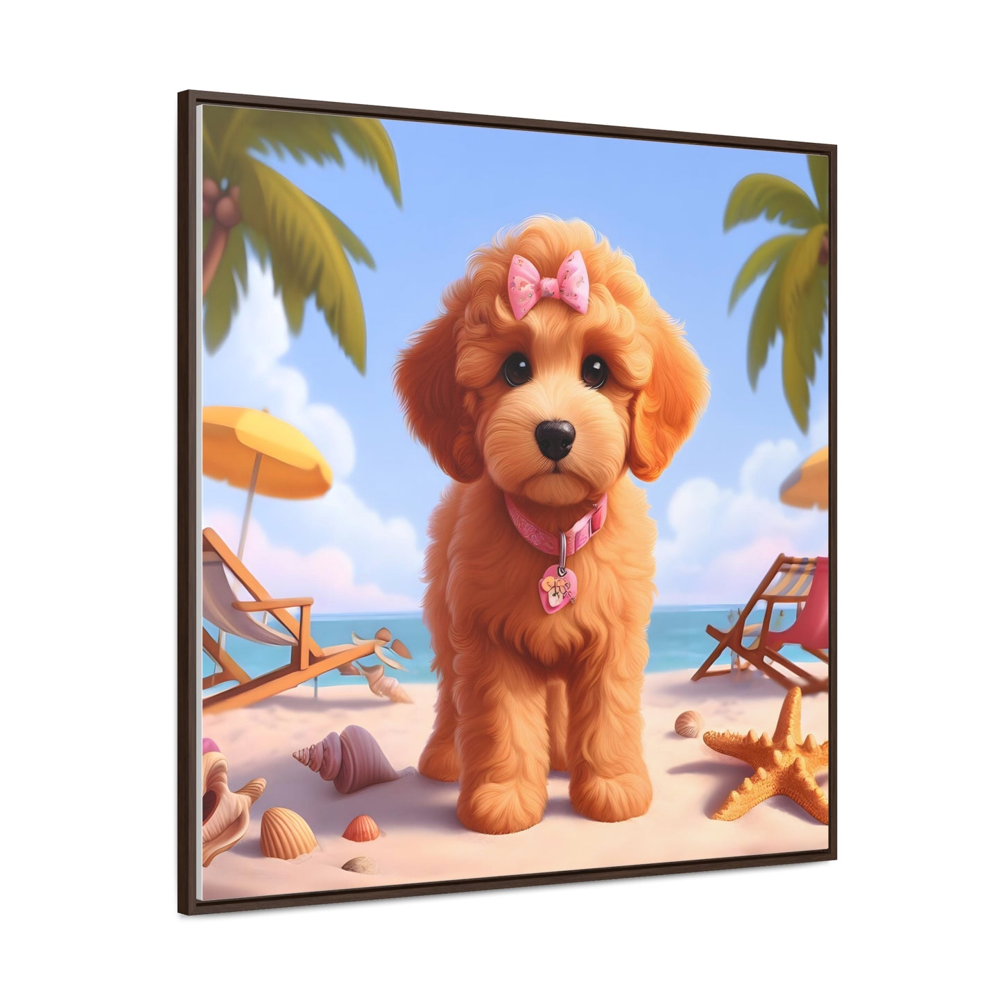 Doodle Puppy on Beach Pink Collar and Bow - Wooden Gallery Canvas Picture - Square Frame - Nice!