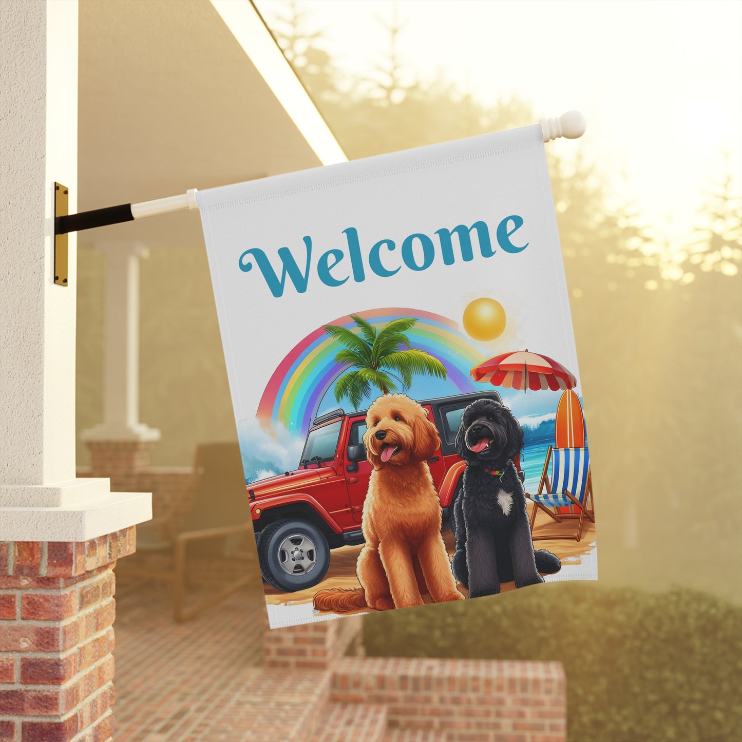 Welcome Beach Jeep Doodle Garden Flag & House Banner