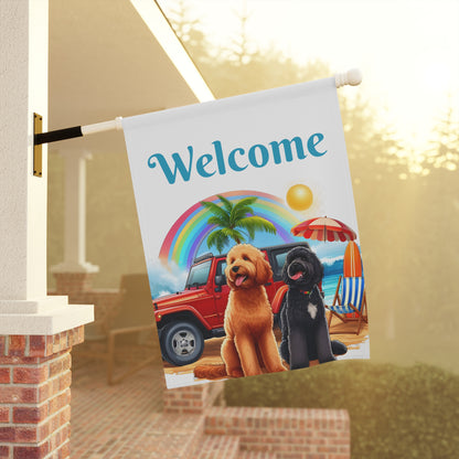 Welcome Beach Jeep Doodle Garden Flag & House Banner