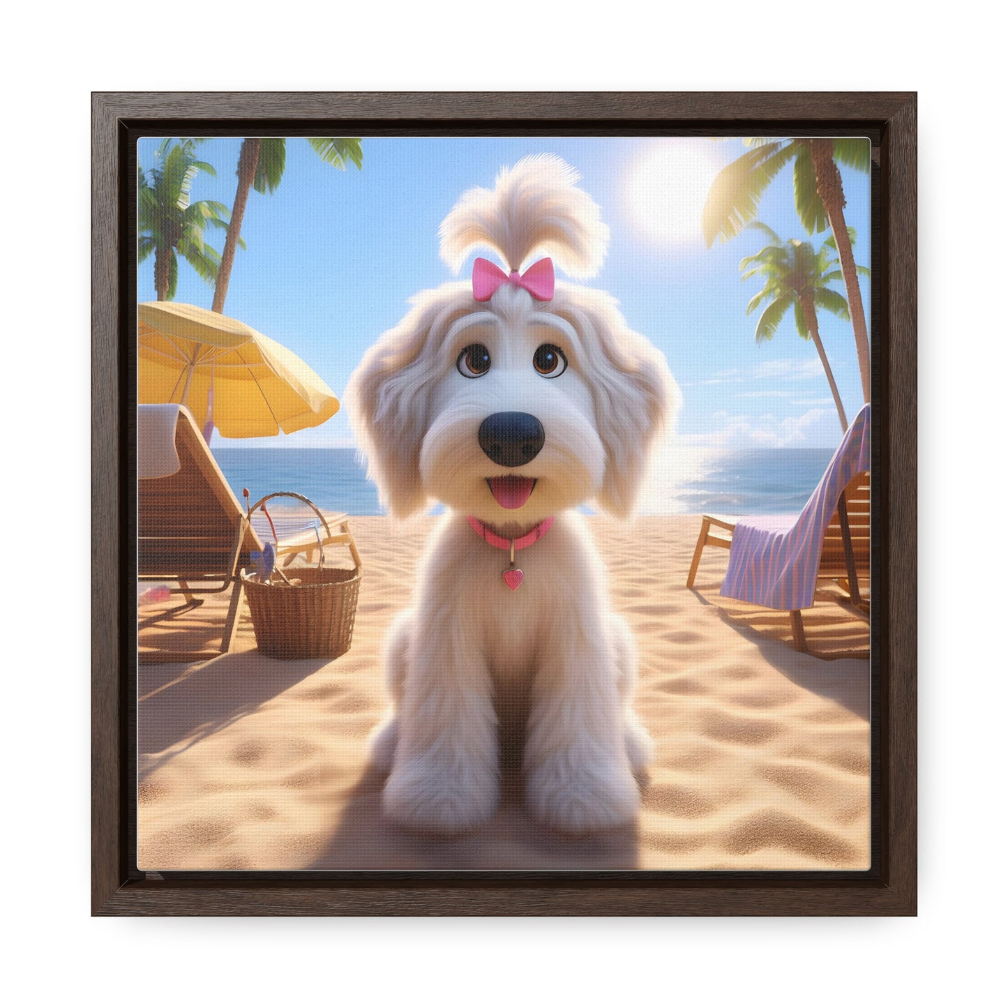 White Doodle Puppy Cartoon Inspired w/Pink Bow - Wooden Gallery Canvas - Square Frame - Nice!