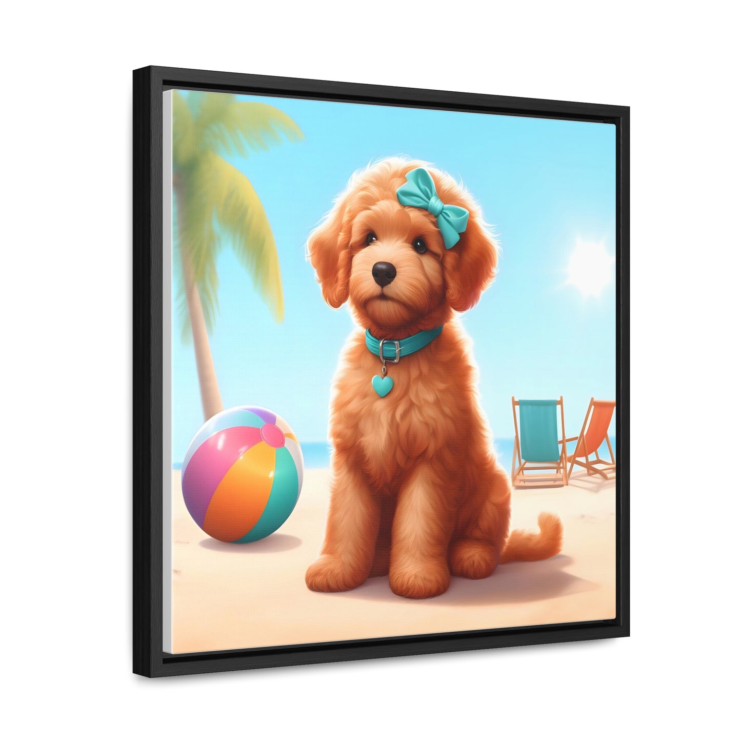 Doodle Puppy on Beach - Wooden Gallery Canvas Picture, Square Frame! Nice!