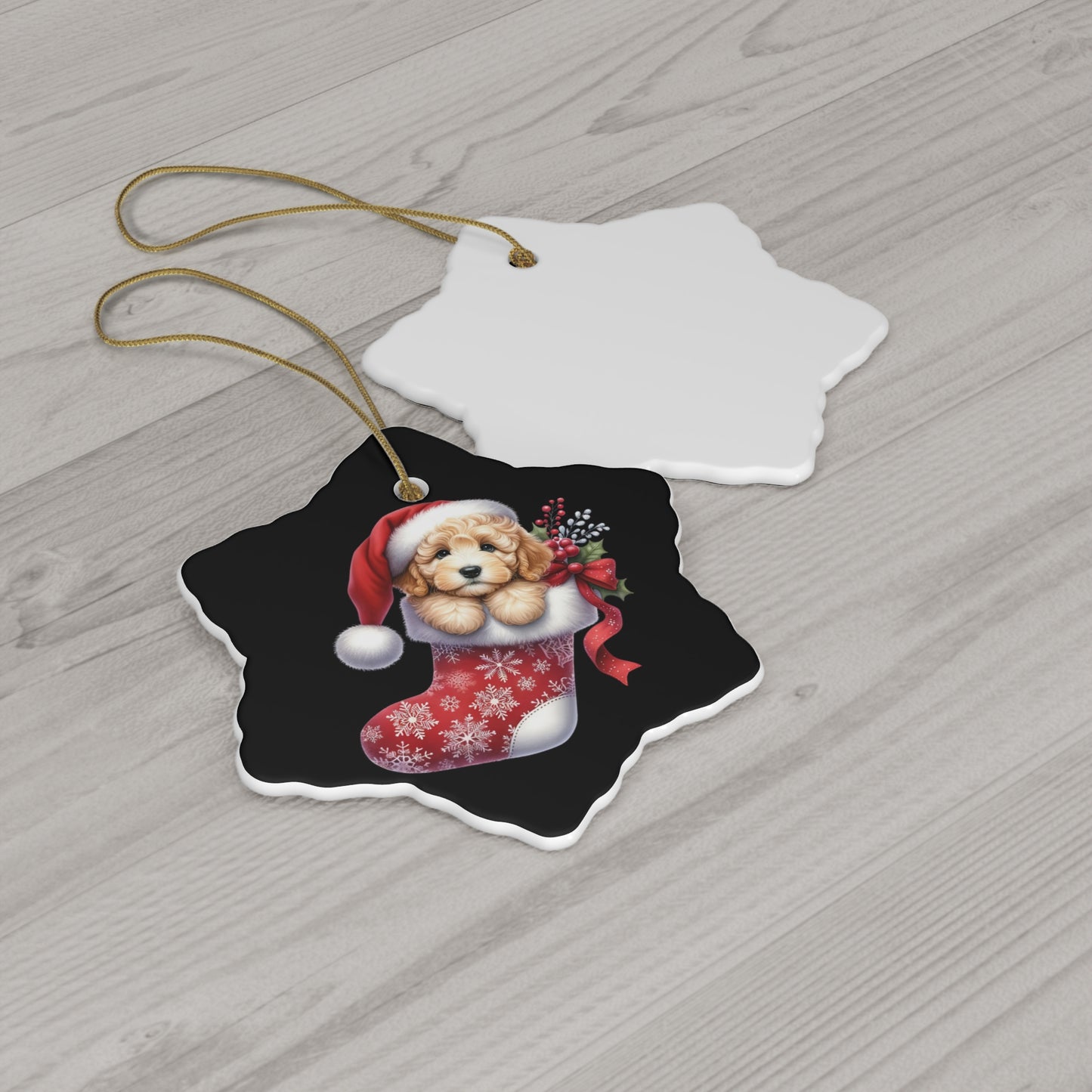 Christmas Doodle Puppy Stocking Ceramic Ornament, 3 Shapes