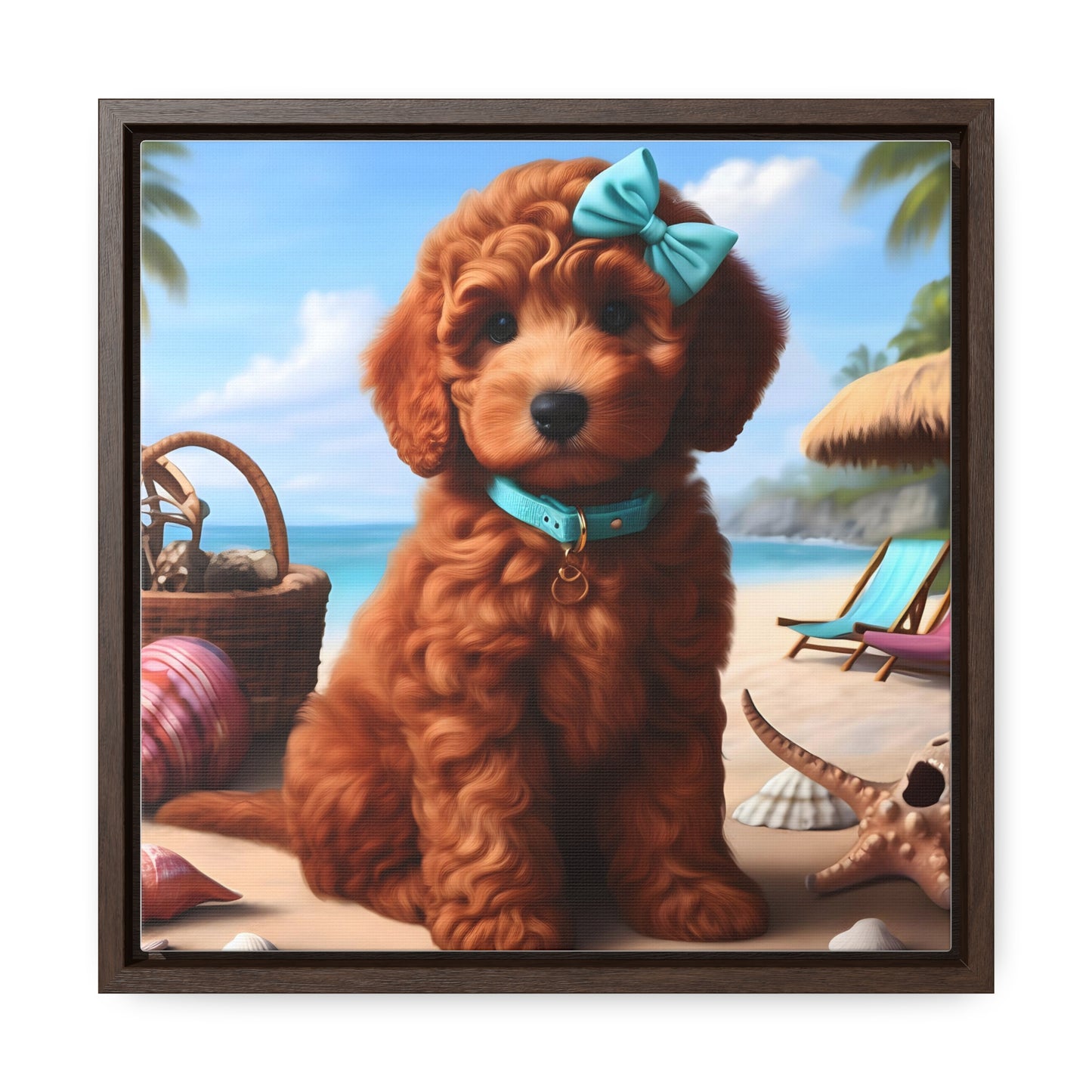 Red Doodle Puppy on Beach - Wooden Gallery Canvas Picture - Square Frame - Nice!