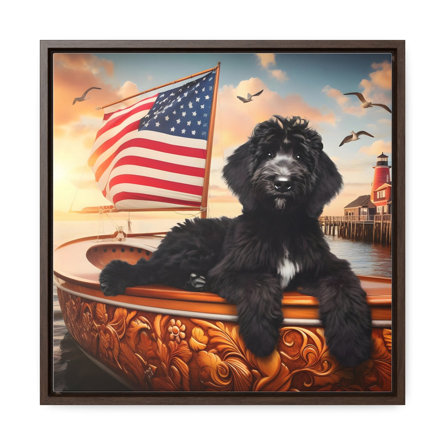 Black Doodle on Sailboat - Wooden Gallery Canvas Picture - Square Frame - Nice!