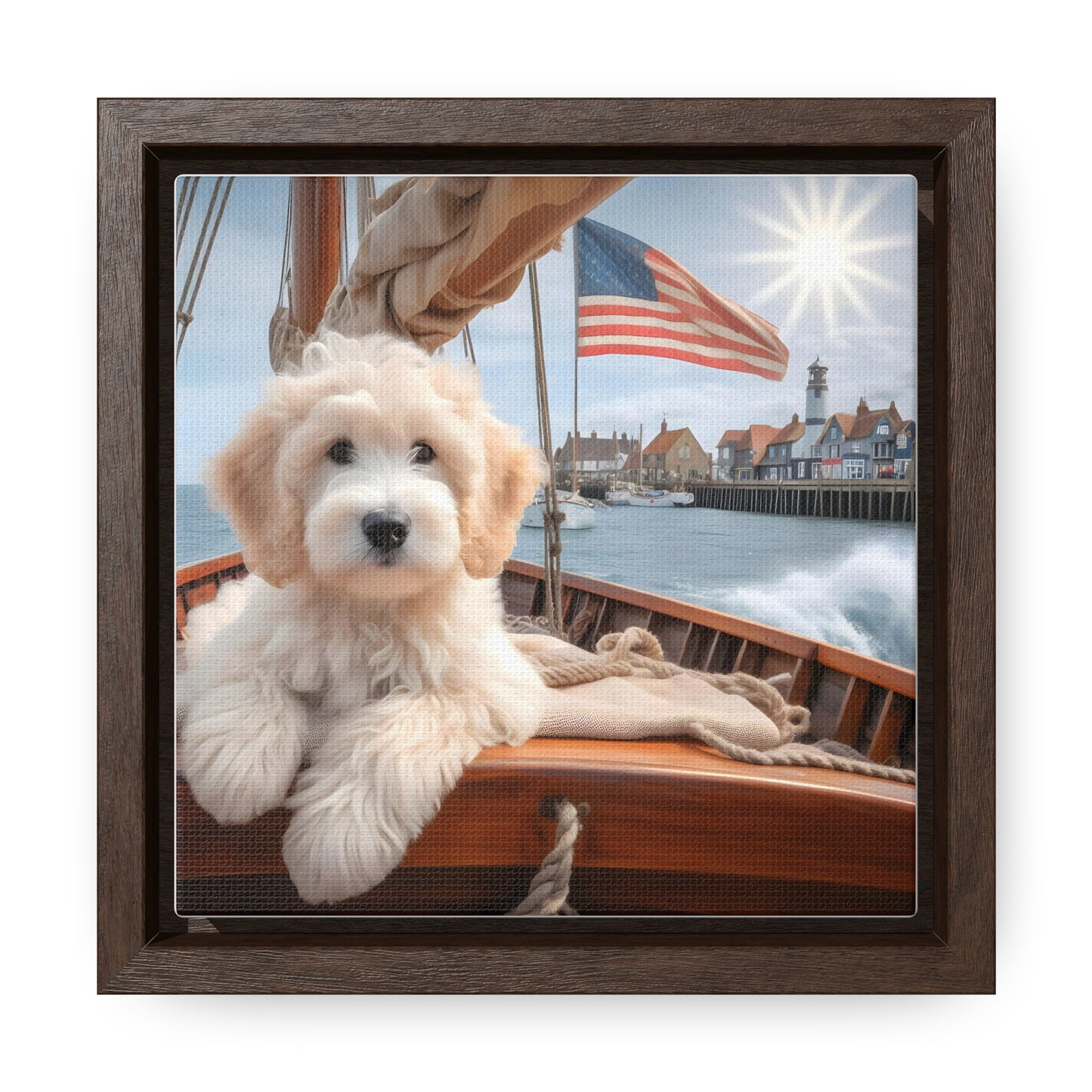 White Doodle on Sailboat - Wooden Gallery Canvas Picture - Square Frame - Nice!