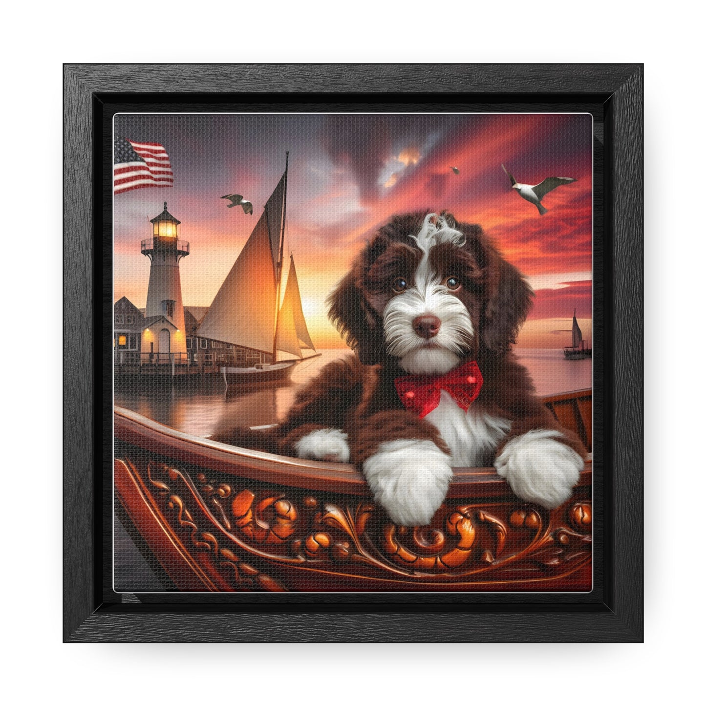 Chocolate Doodle on Sailboat at Sunset - Wooden Gallery Canvas Picture - Square Frame - Nice!