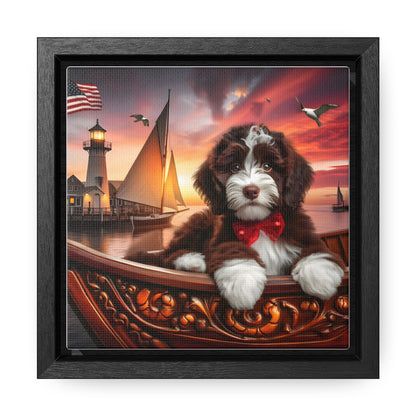 Chocolate Doodle on Sailboat at Sunset - Wooden Gallery Canvas Picture - Square Frame - Nice!