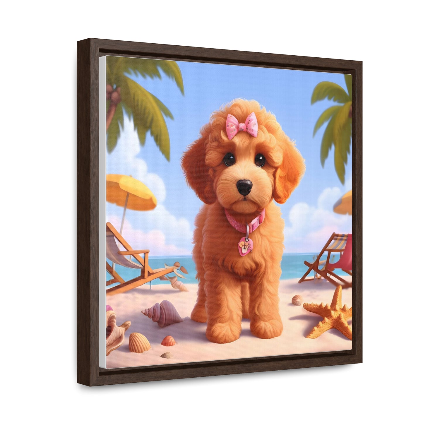 Doodle Puppy on Beach Pink Collar and Bow - Wooden Gallery Canvas Picture - Square Frame - Nice!