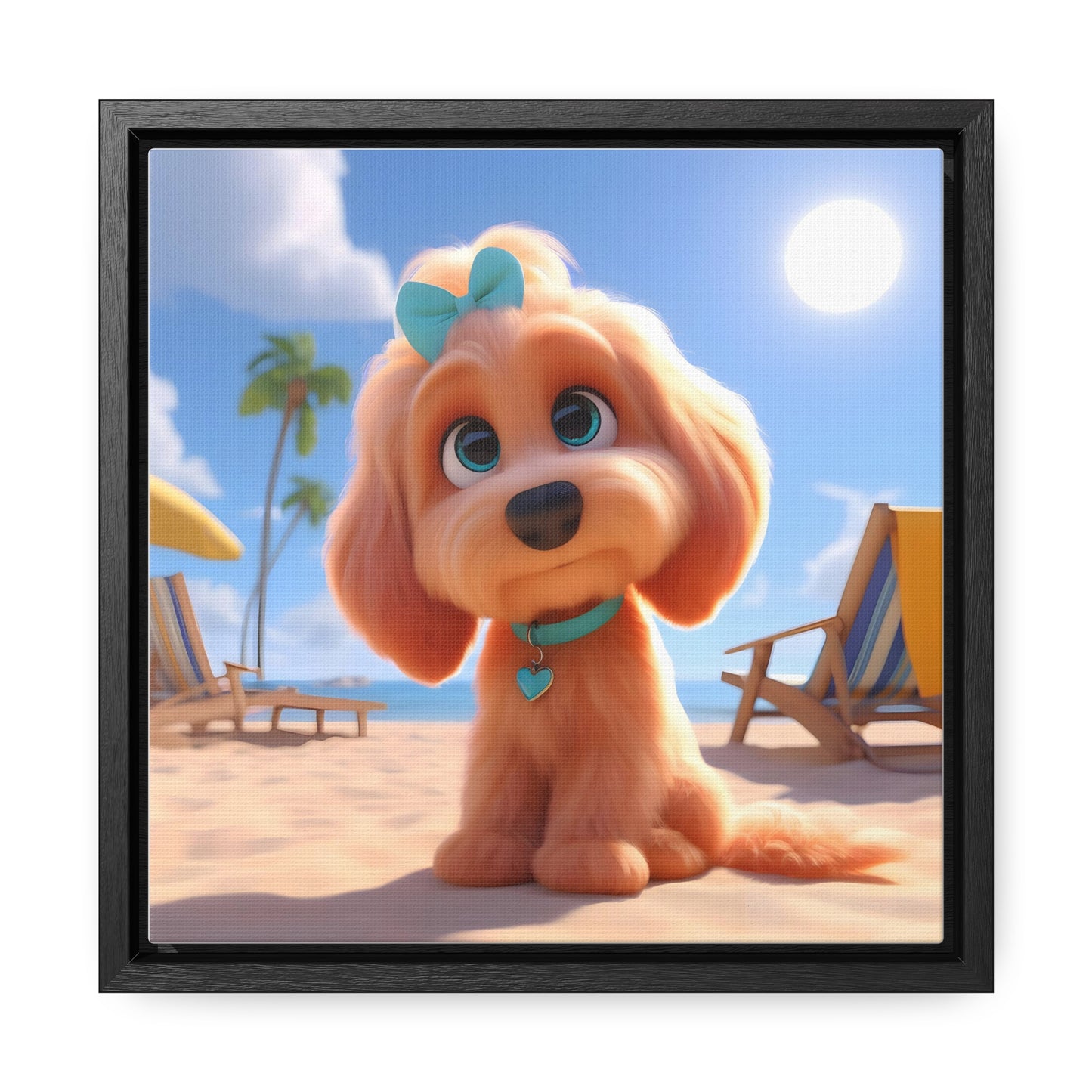 Doodle Cartoon Inspired Puppy w/Blue Collar & Bow - Wooden Gallery Canvas Picture - Square Frame - Nice!