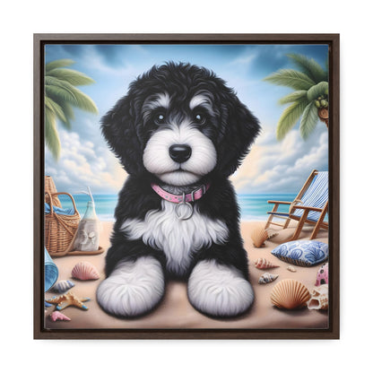 Black & White Doodle Puppy on Beach - Wooden Gallery Canvas Picture - Square Frame - Nice!