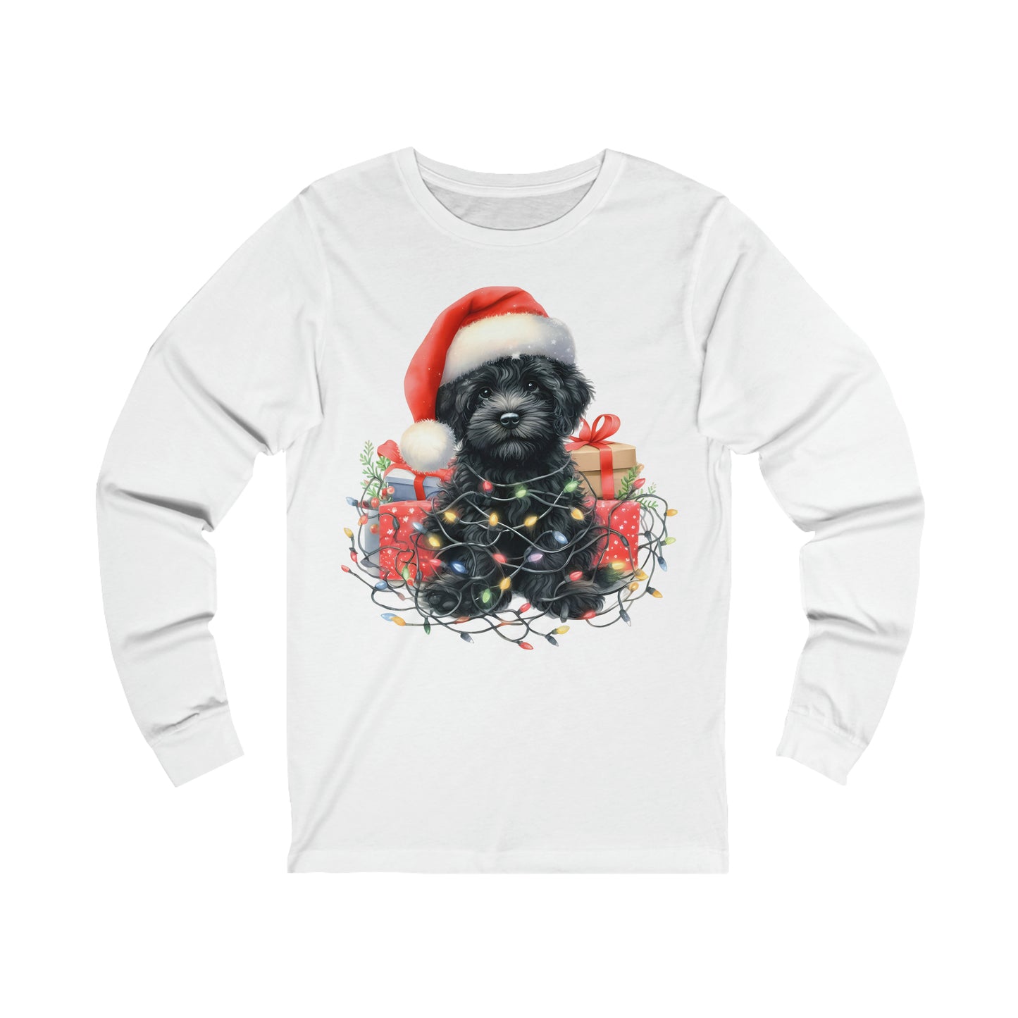 Christmas Black Doodle Puppy - Adult Unisex Long Sleeve Bella + Canvas T Shirt