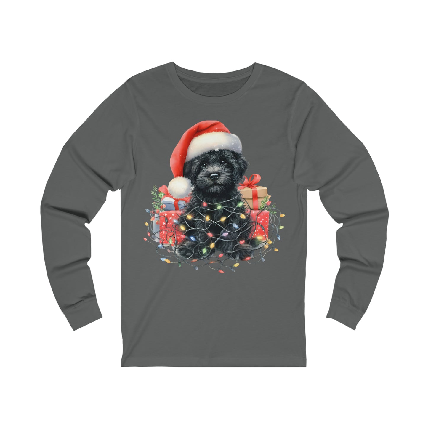 Christmas Black Doodle Puppy - Adult Unisex Long Sleeve Bella + Canvas T Shirt