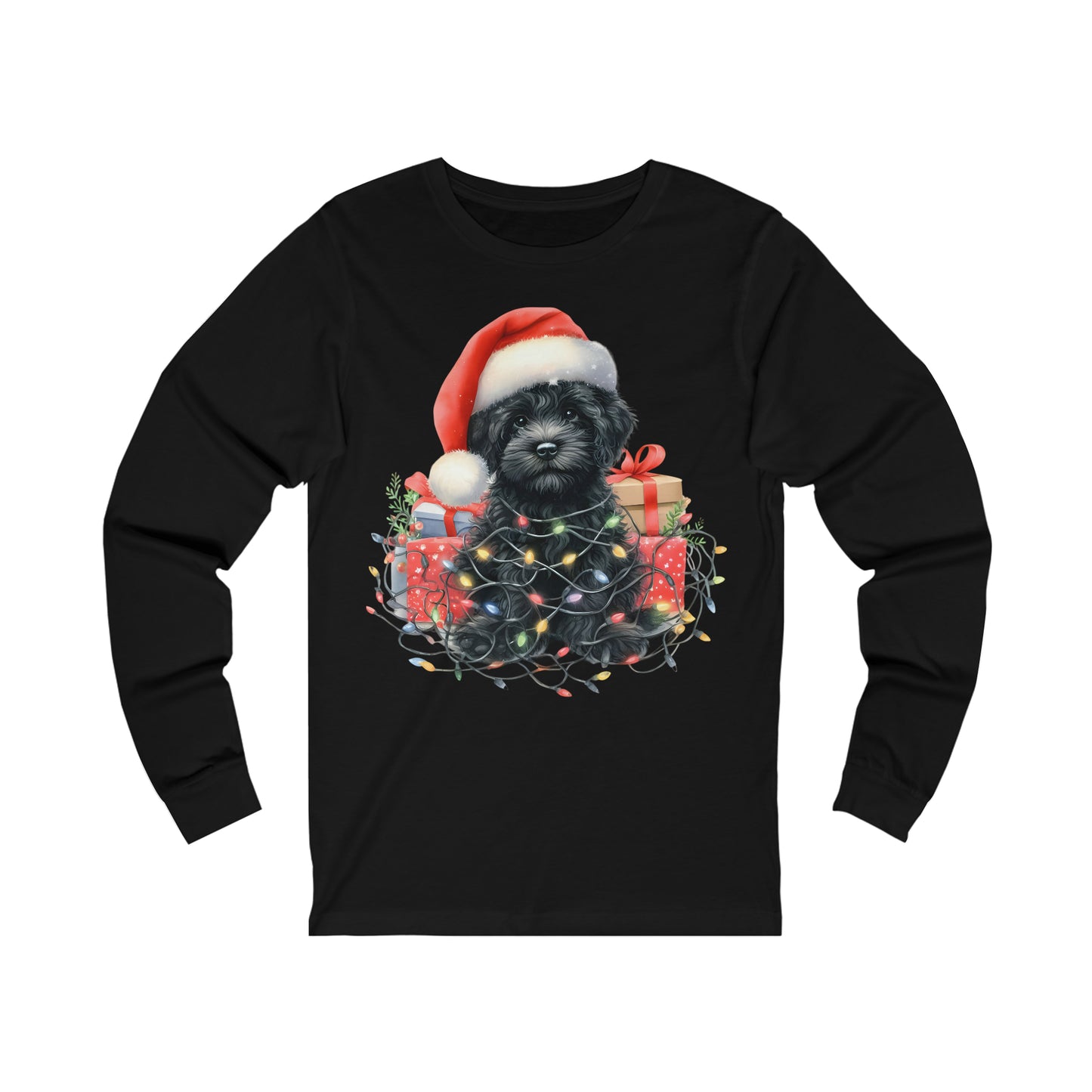 Christmas Black Doodle Puppy - Adult Unisex Long Sleeve Bella + Canvas T Shirt