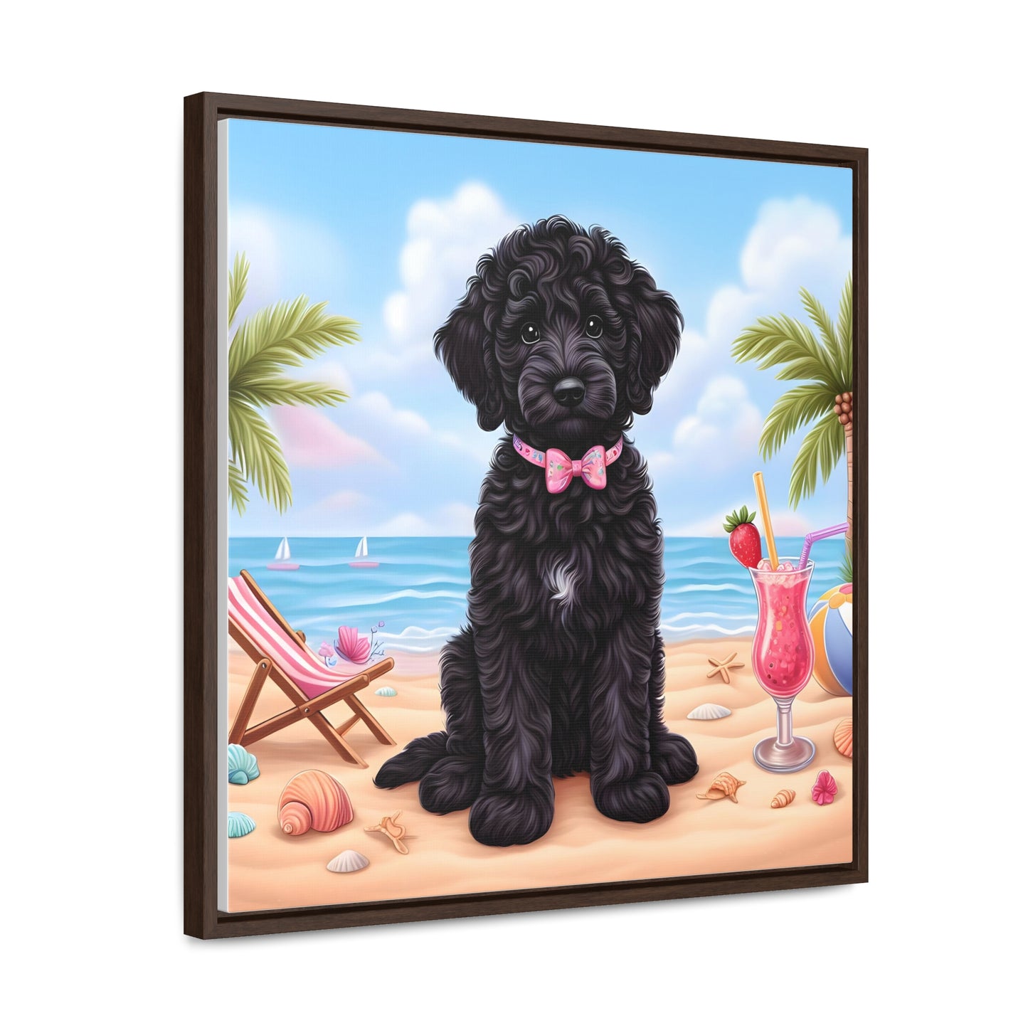 Black Doodle Puppy Cartoon Inspired - Wooden Gallery Canvas Picture - Square Frame - Nice!