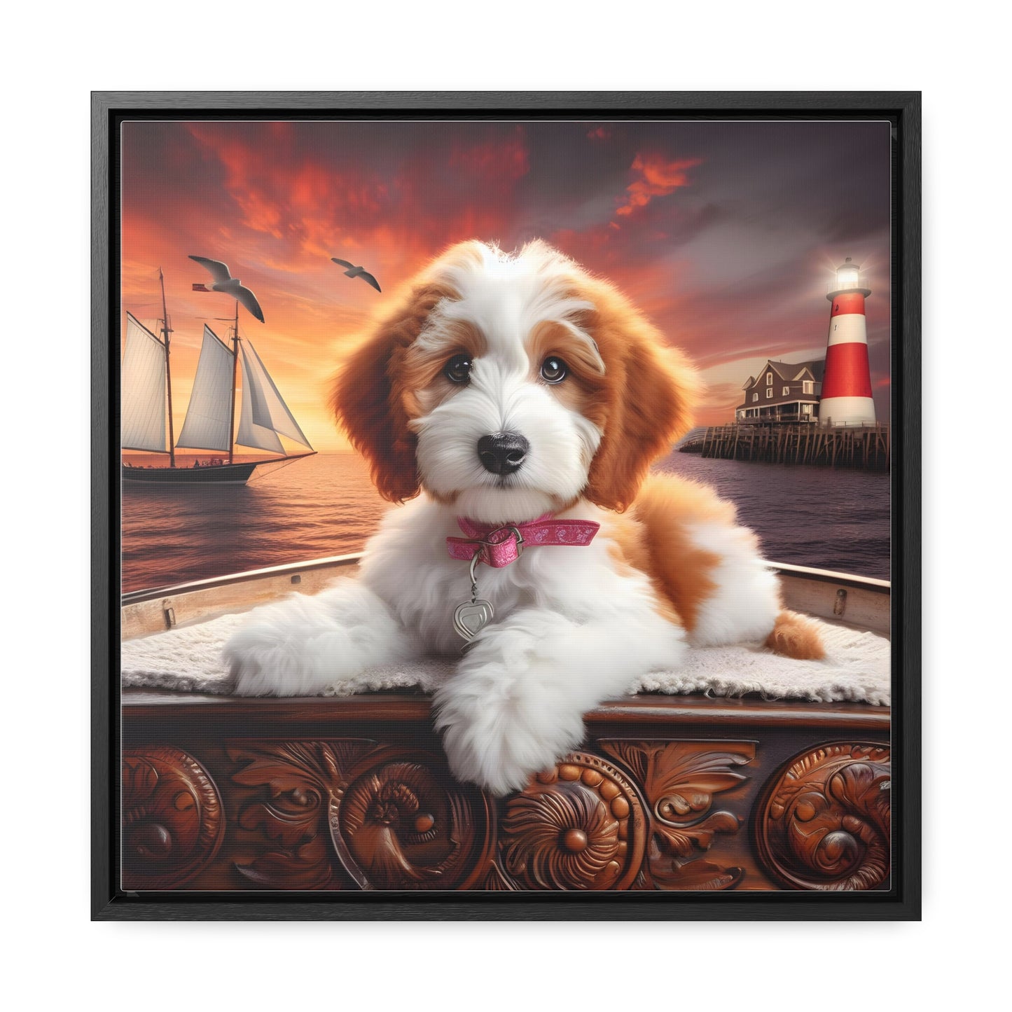 Red and White Doodle on Sailboat at Sunset - Wooden Gallery Canvas Picture - Square Frame - Nice!