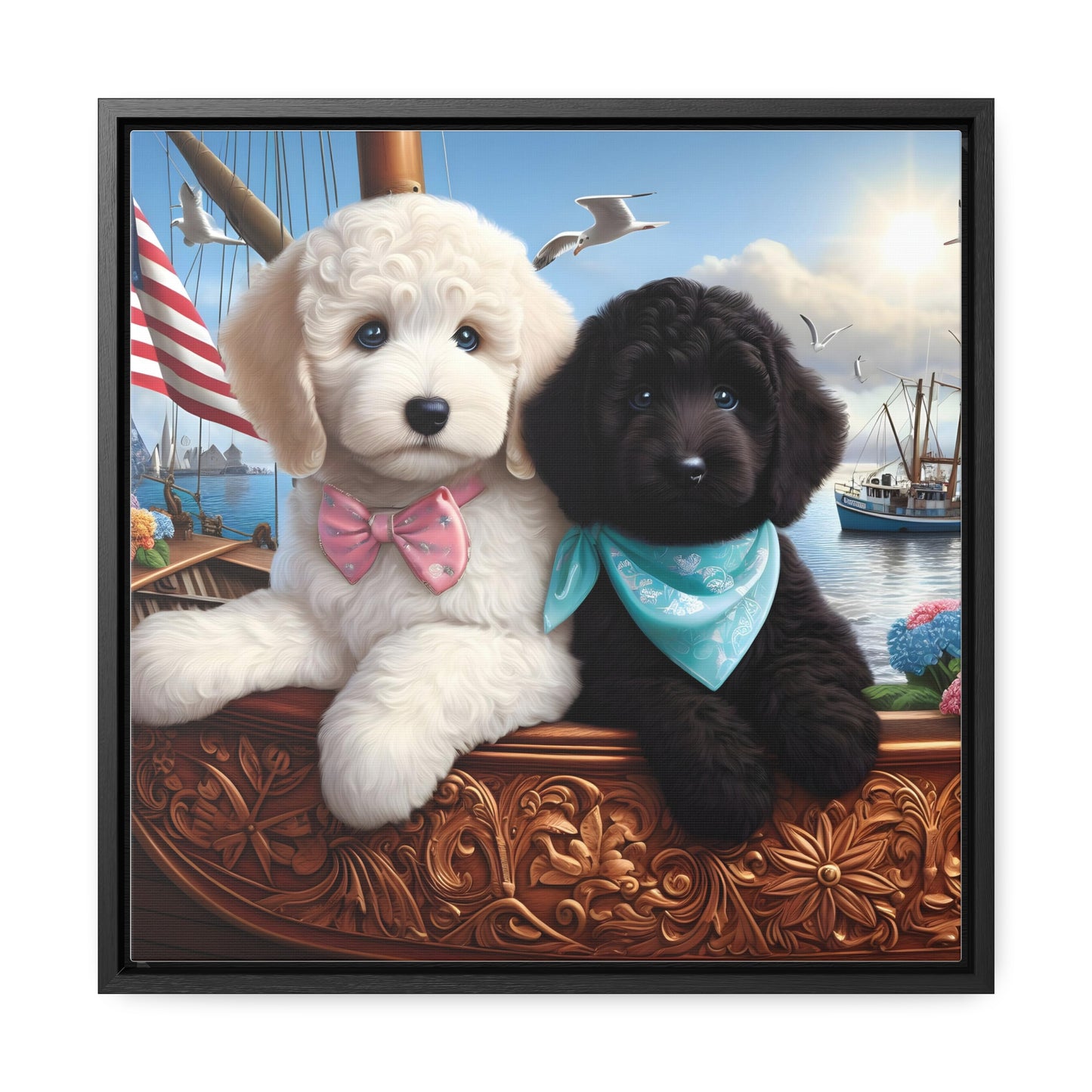 White and Black Doodle on Sailboat - Wooden Gallery Canvas Pictures - Square Frame - Nice!