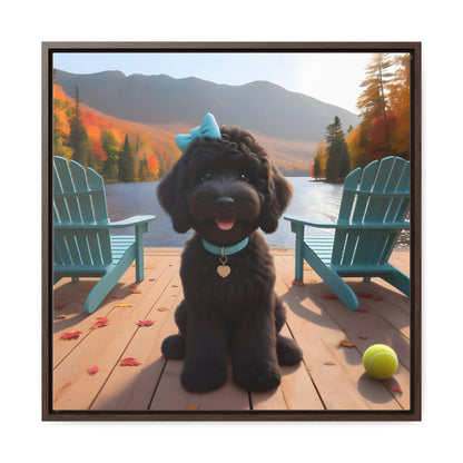 Black Doodle on Dock by Lake - Wooden Gallery Canvas Picture - Square Frame - Nice!