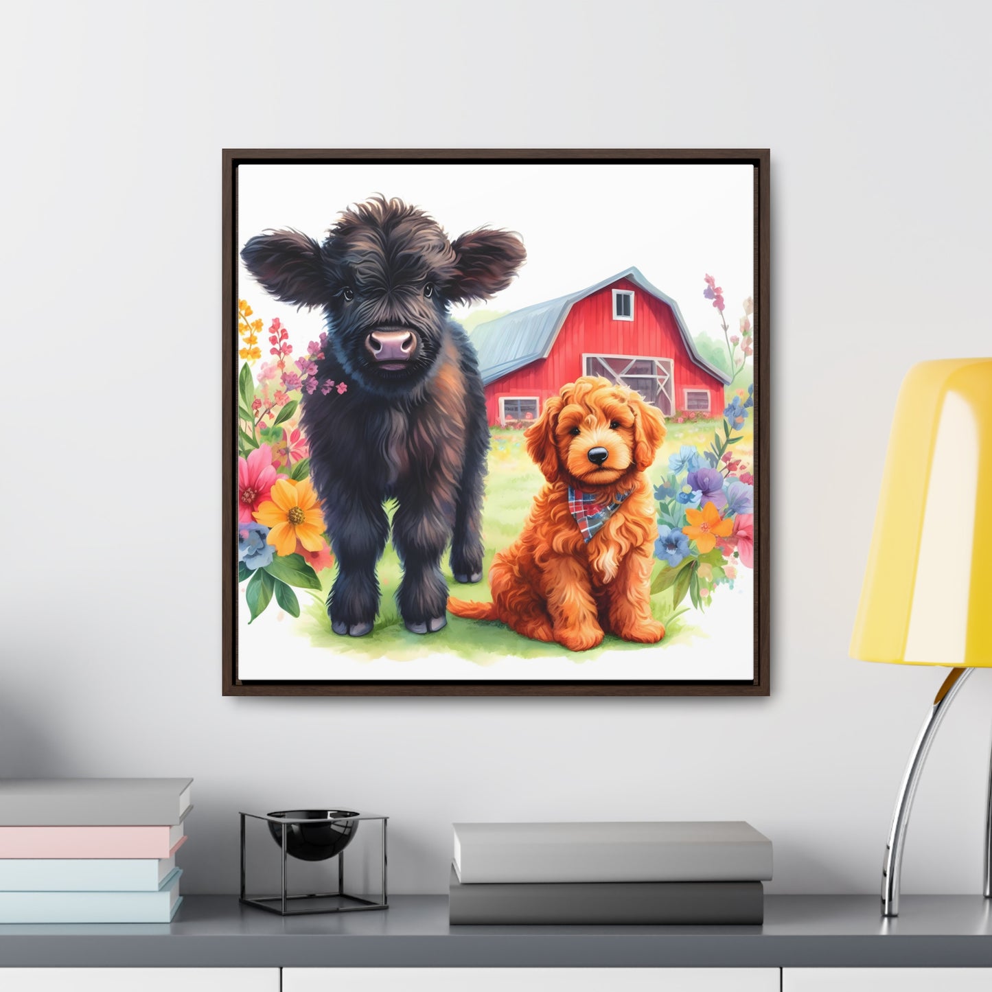 Scottish Highland Cow Doodle Gallery Canvas Picture Square Wood Frame - Nice!