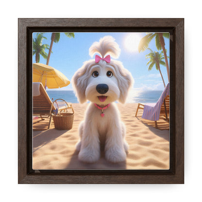 White Doodle Puppy Cartoon Inspired w/Pink Bow - Wooden Gallery Canvas - Square Frame - Nice!