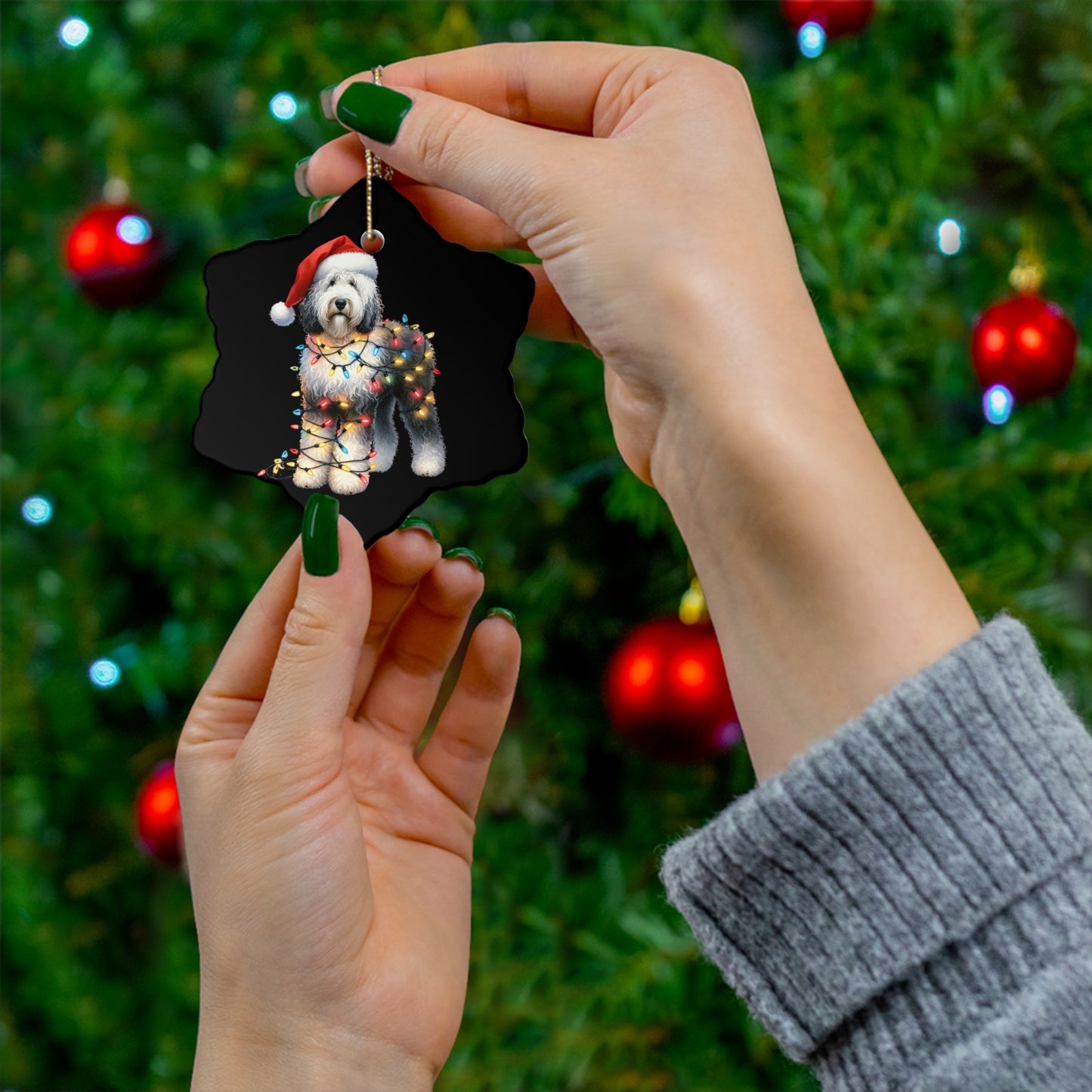 Sheepadoodle Christmas Ceramic Ornament, 3 Shapes