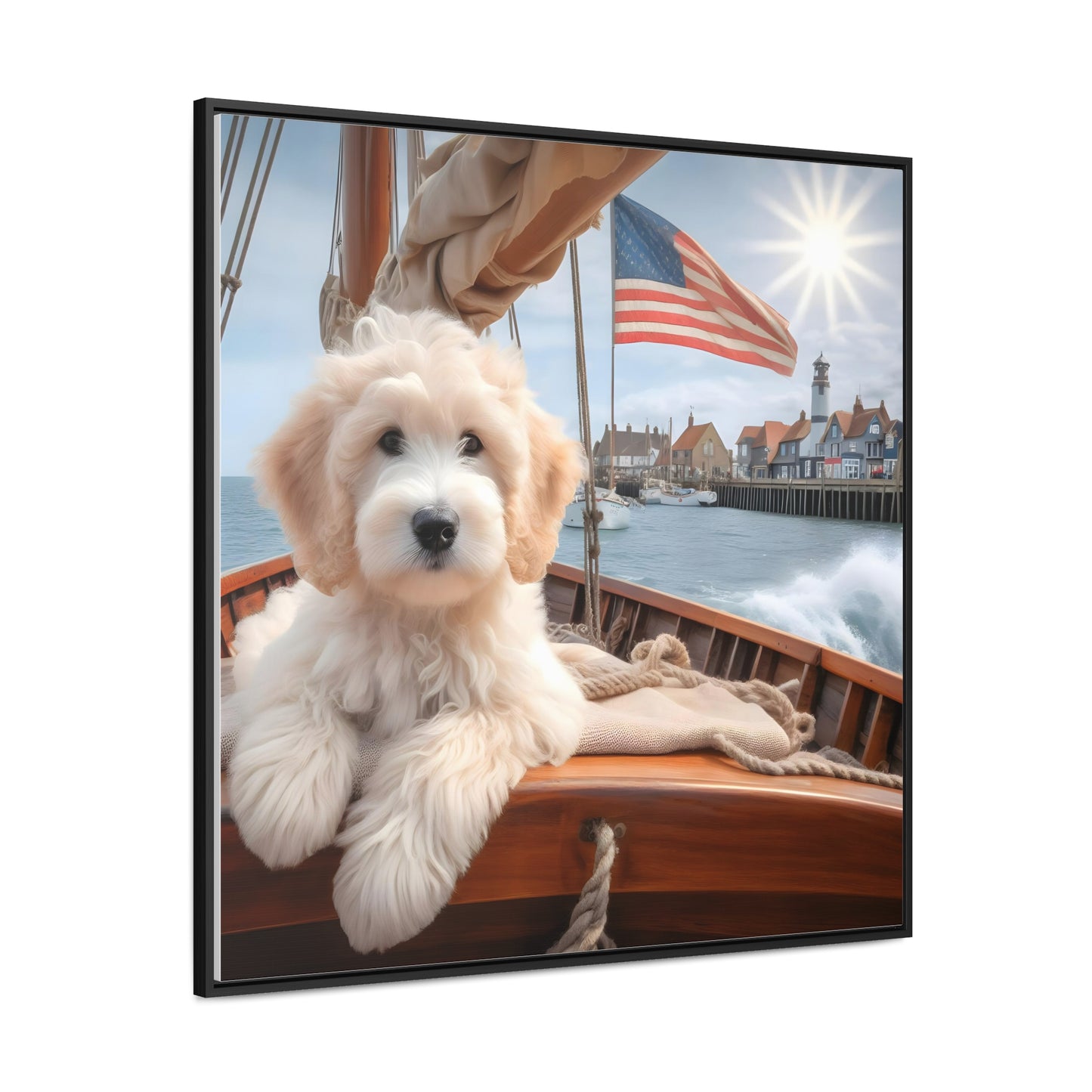 White Doodle on Sailboat - Wooden Gallery Canvas Picture - Square Frame - Nice!