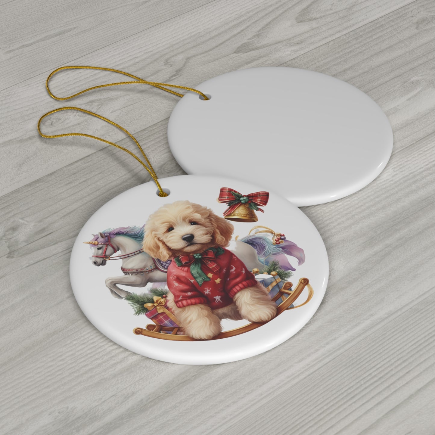 Christmas Doodle Puppy Ceramic Ornament, 4 Shapes