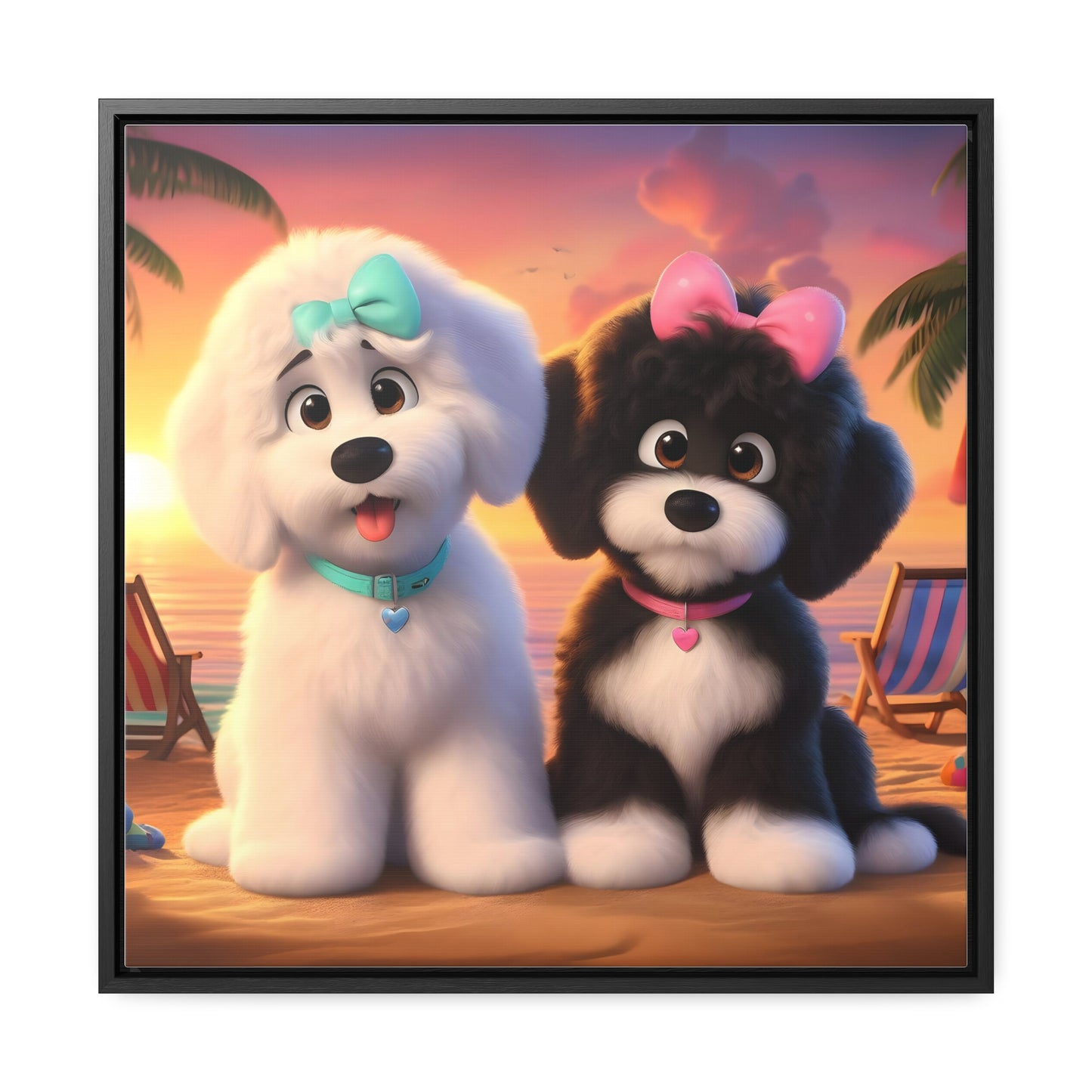 Doodle Puppies on Beach, Cartoon Inspired - Wooden Gallery Canvas Picture - Square Frame - Nice!