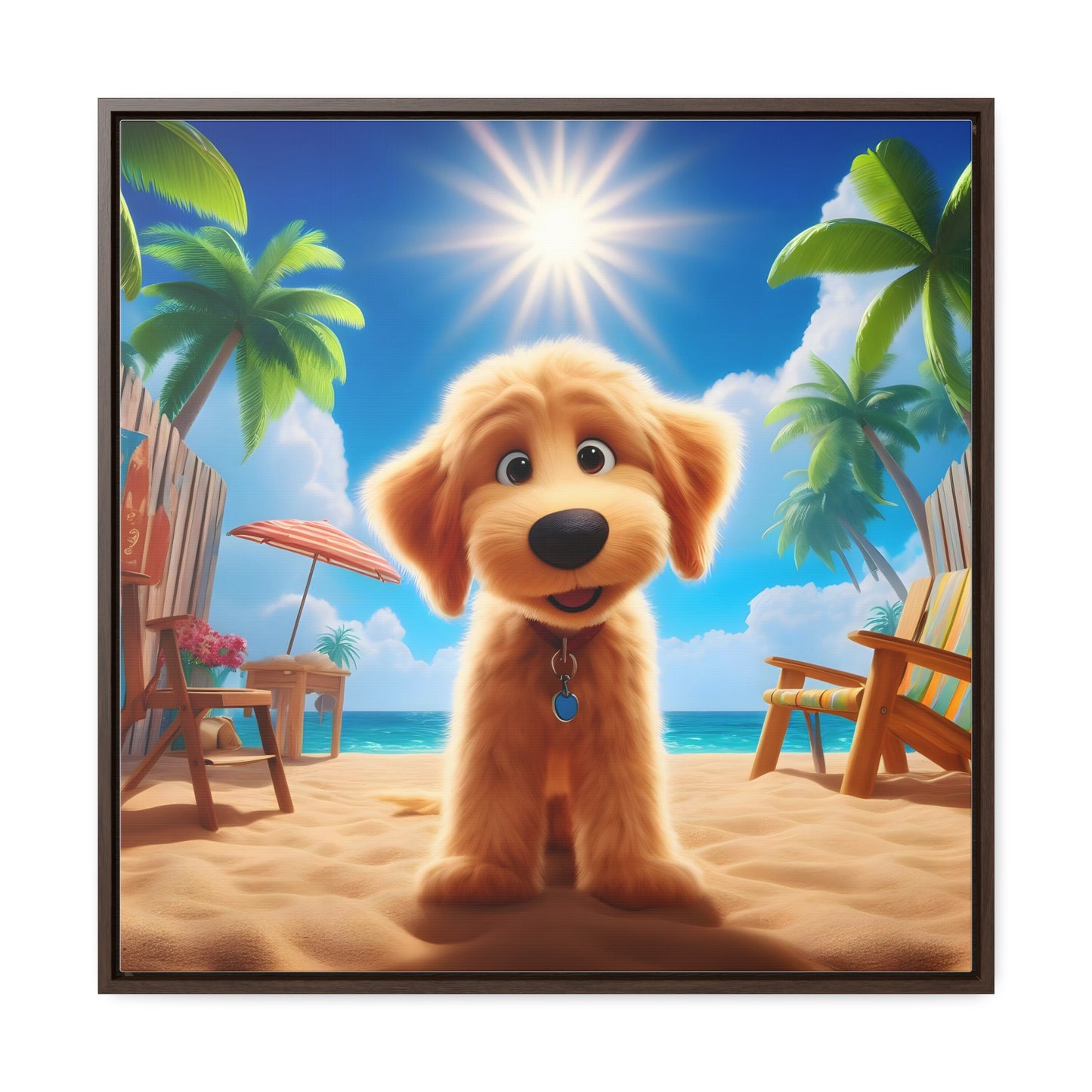 Doodle on Beach Cartoon Inspired - Wooden Gallery Canvas Picture - Square Frame - Nice!