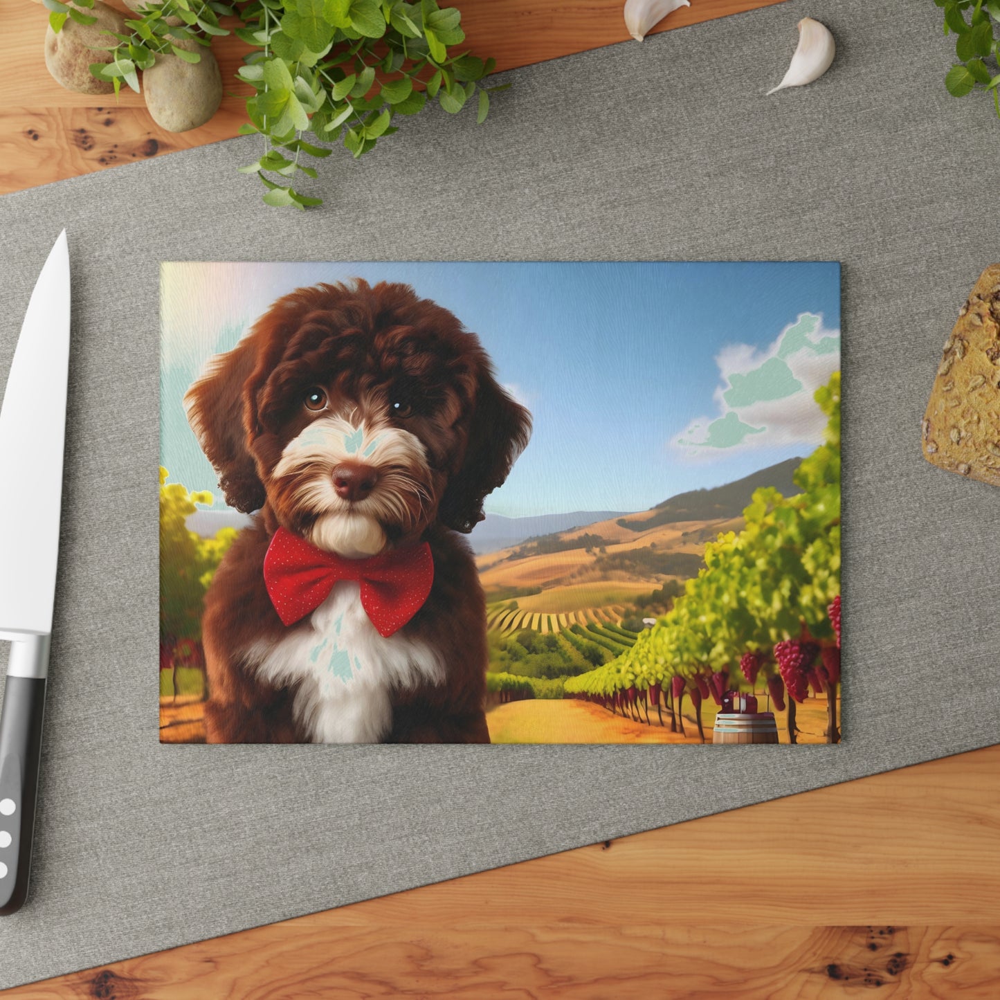 Chocolate and White Doodle at Winery - Glass Cutting Board