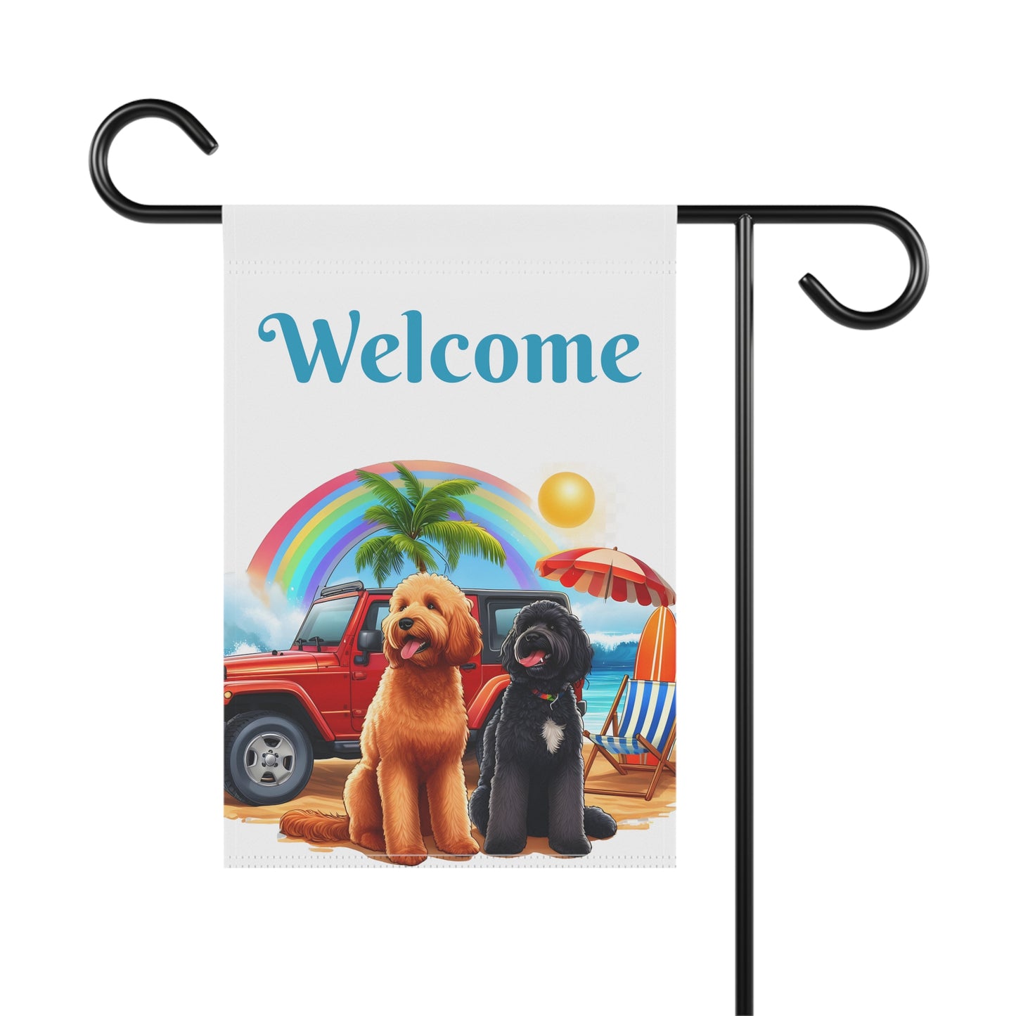 Welcome Beach Jeep Doodle Garden Flag & House Banner