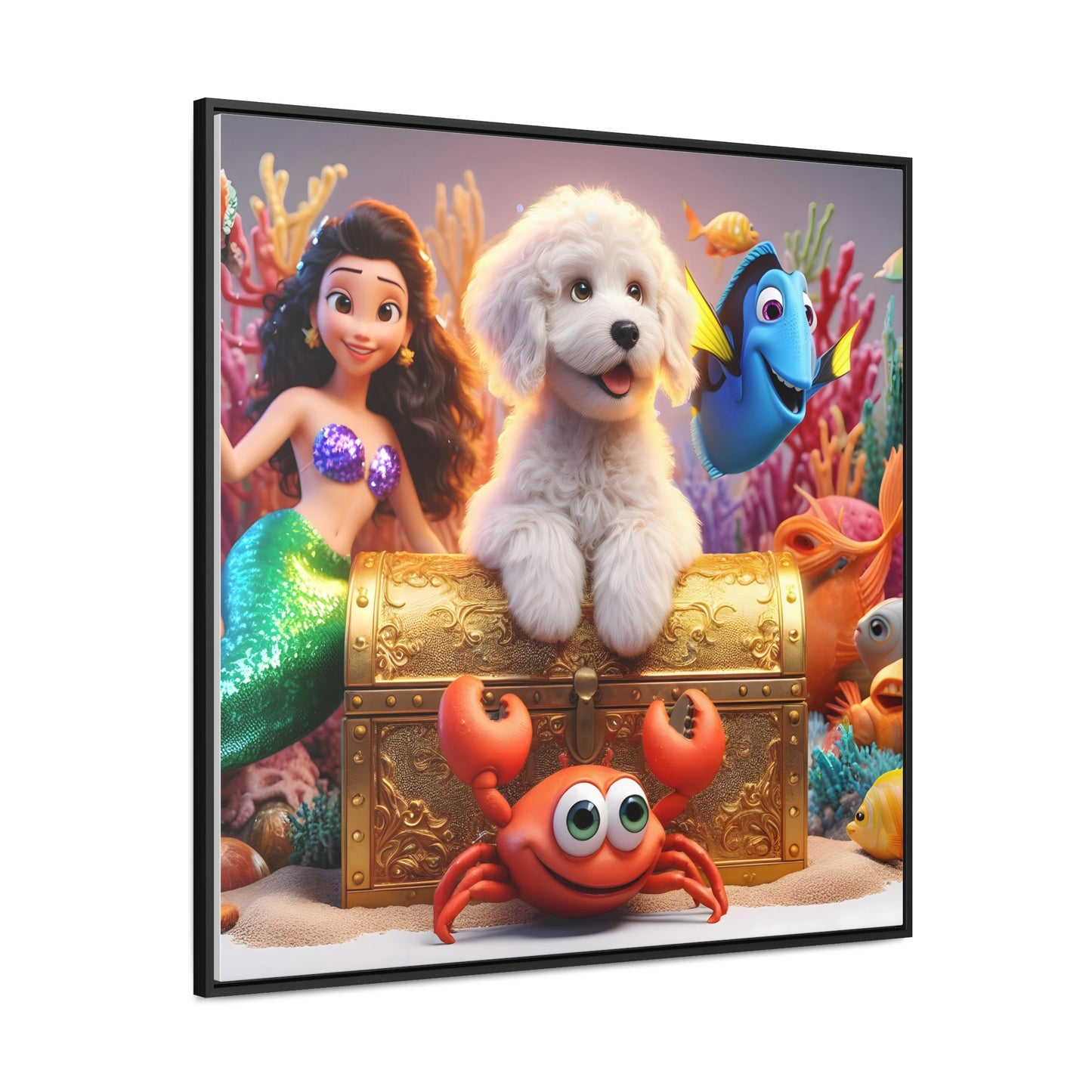 Doodle Mermaid Underwater - Wooden Gallery Canvas Picture - Square Frame - Nice!