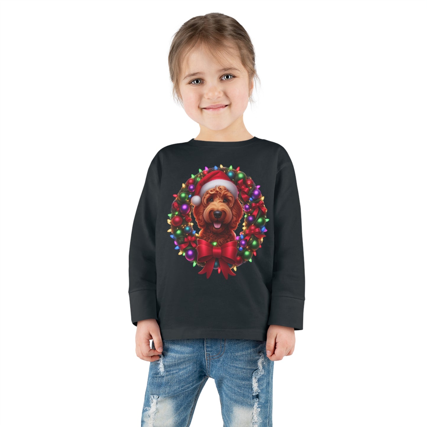 Red Doodle Christmas Wreath - Toddler Long Sleeve T Shirt