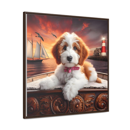 Red and White Doodle on Sailboat at Sunset - Wooden Gallery Canvas Picture - Square Frame - Nice!