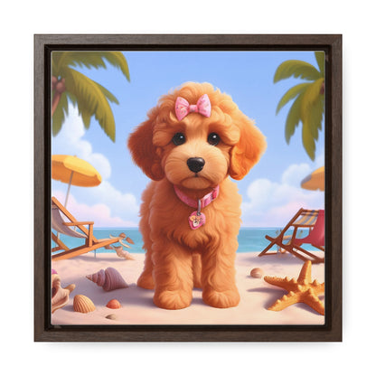 Doodle Puppy on Beach Pink Collar and Bow - Wooden Gallery Canvas Picture - Square Frame - Nice!