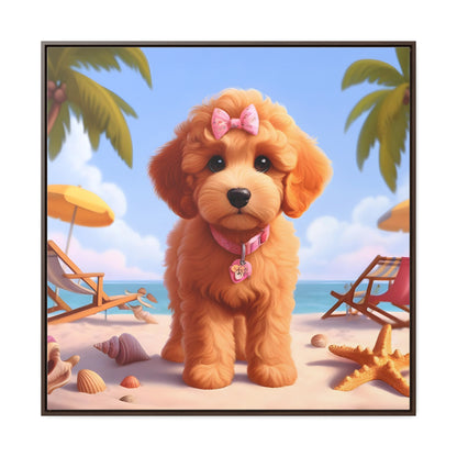 Doodle Puppy on Beach Pink Collar and Bow - Wooden Gallery Canvas Picture - Square Frame - Nice!