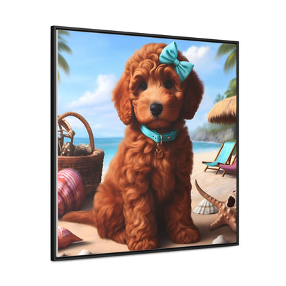 Red Doodle Puppy on Beach - Wooden Gallery Canvas Picture - Square Frame - Nice!