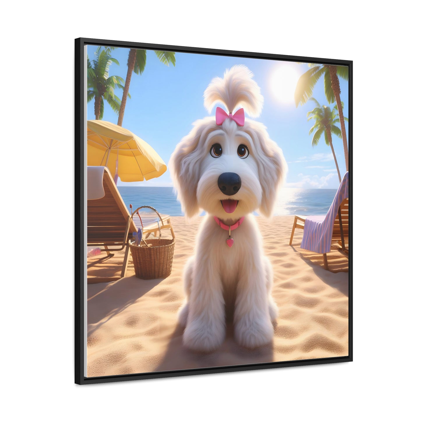 White Doodle Puppy Cartoon Inspired w/Pink Bow - Wooden Gallery Canvas - Square Frame - Nice!