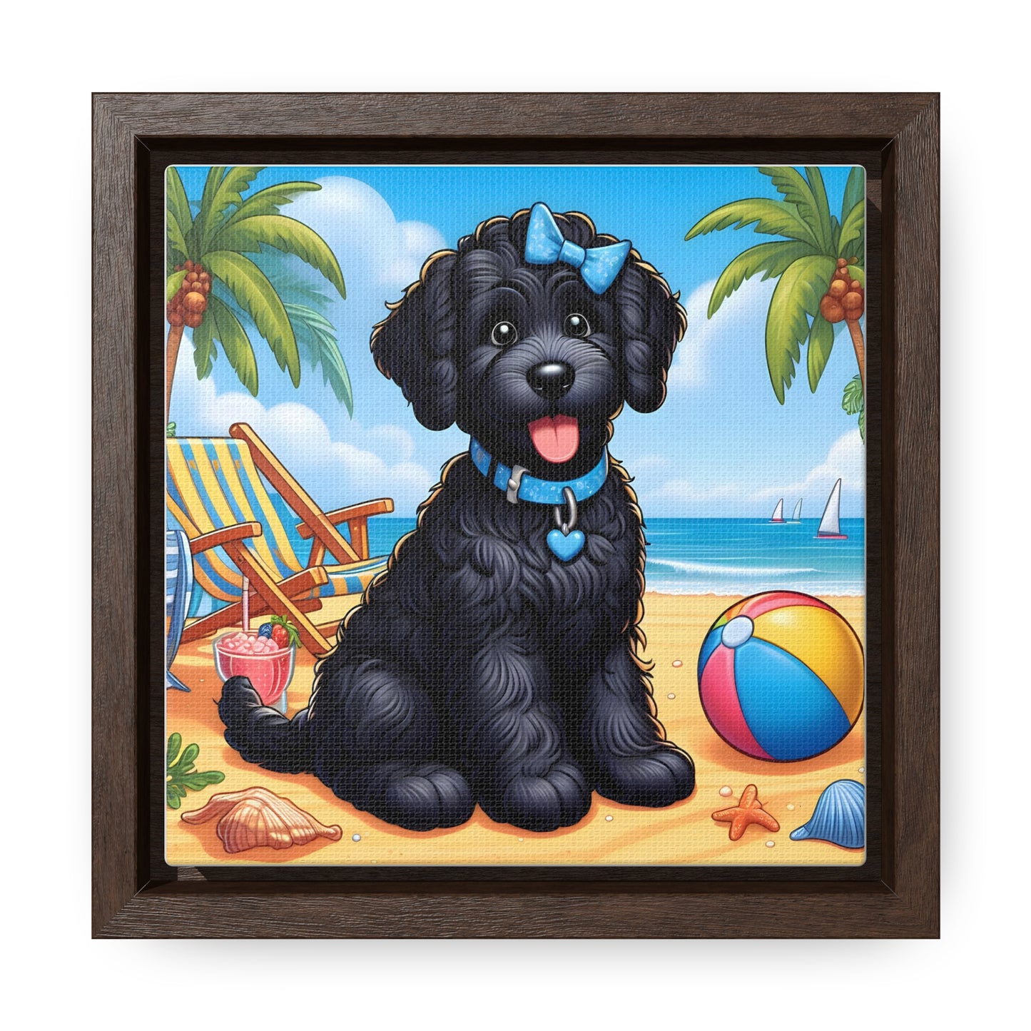 Black Doodle Puppy Cartoon Inspired - Wooden Gallery Canvas Picture - Square Frame - Nice!