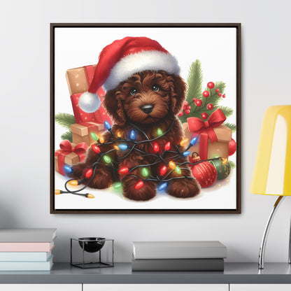 Christmas Lights Chocolate Doodle Puppy - Wooden Gallery Canvas Square Frame - Nice!