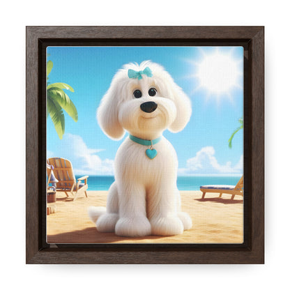 White Doodle Puppy Cartoon Inspired - Wooden Gallery Canvas - Square Frame - Nice!