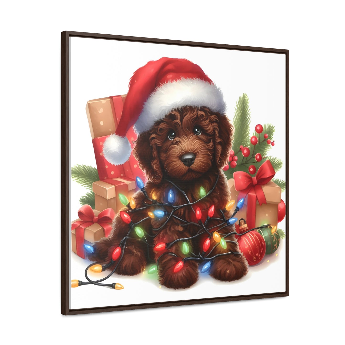 Christmas Lights Chocolate Doodle Puppy - Wooden Gallery Canvas Square Frame - Nice!