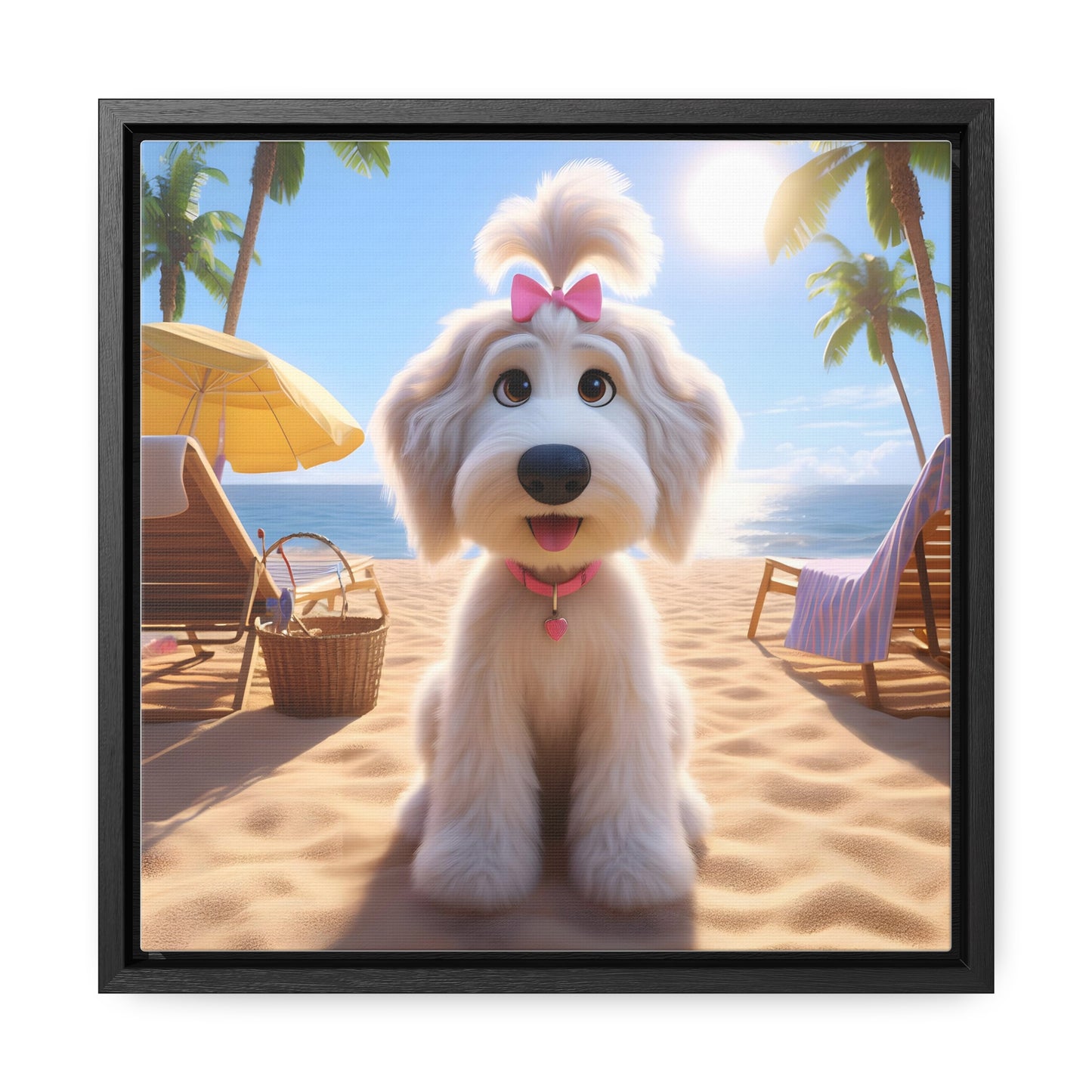 White Doodle Puppy Cartoon Inspired w/Pink Bow - Wooden Gallery Canvas - Square Frame - Nice!