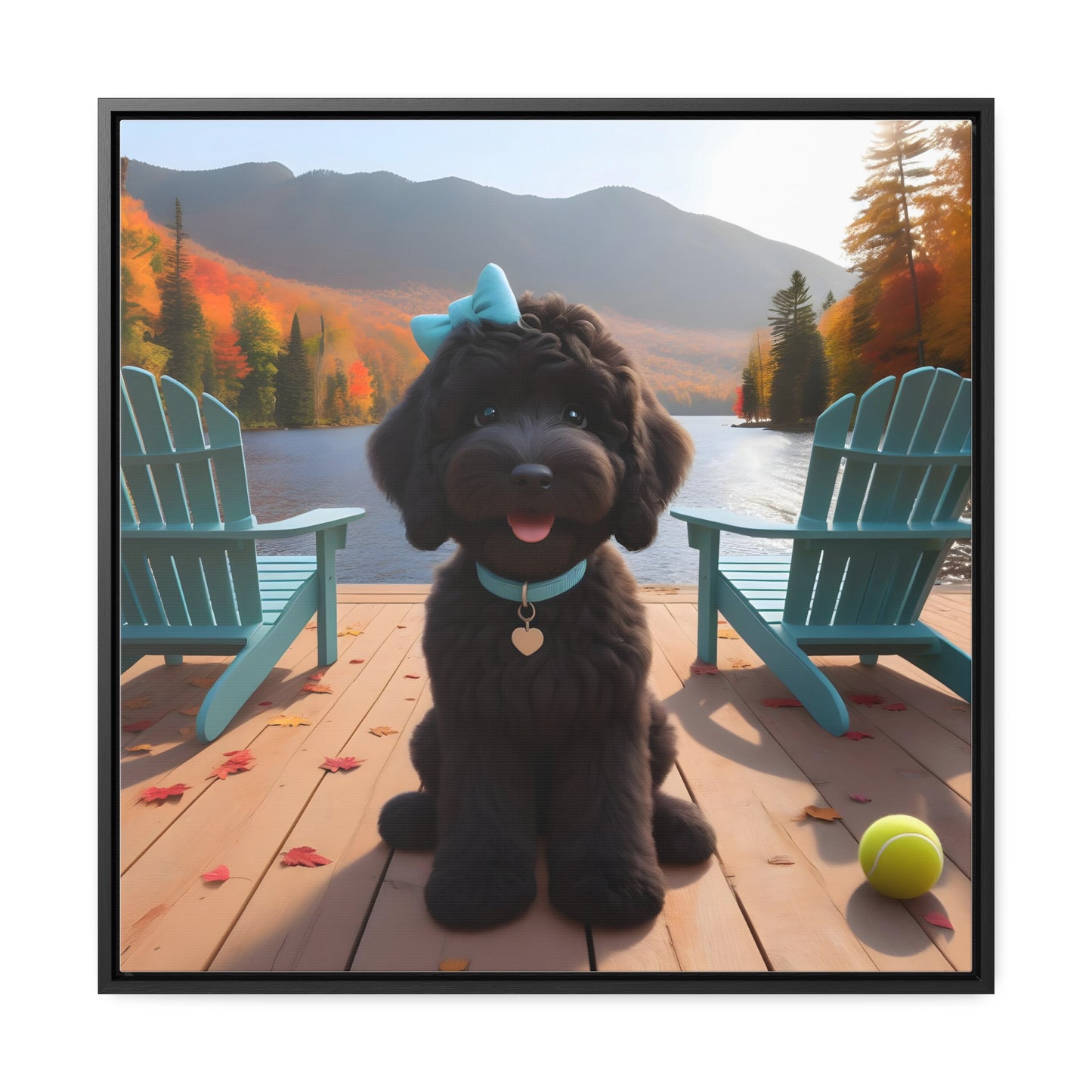 Black Doodle on Dock by Lake - Wooden Gallery Canvas Picture - Square Frame - Nice!