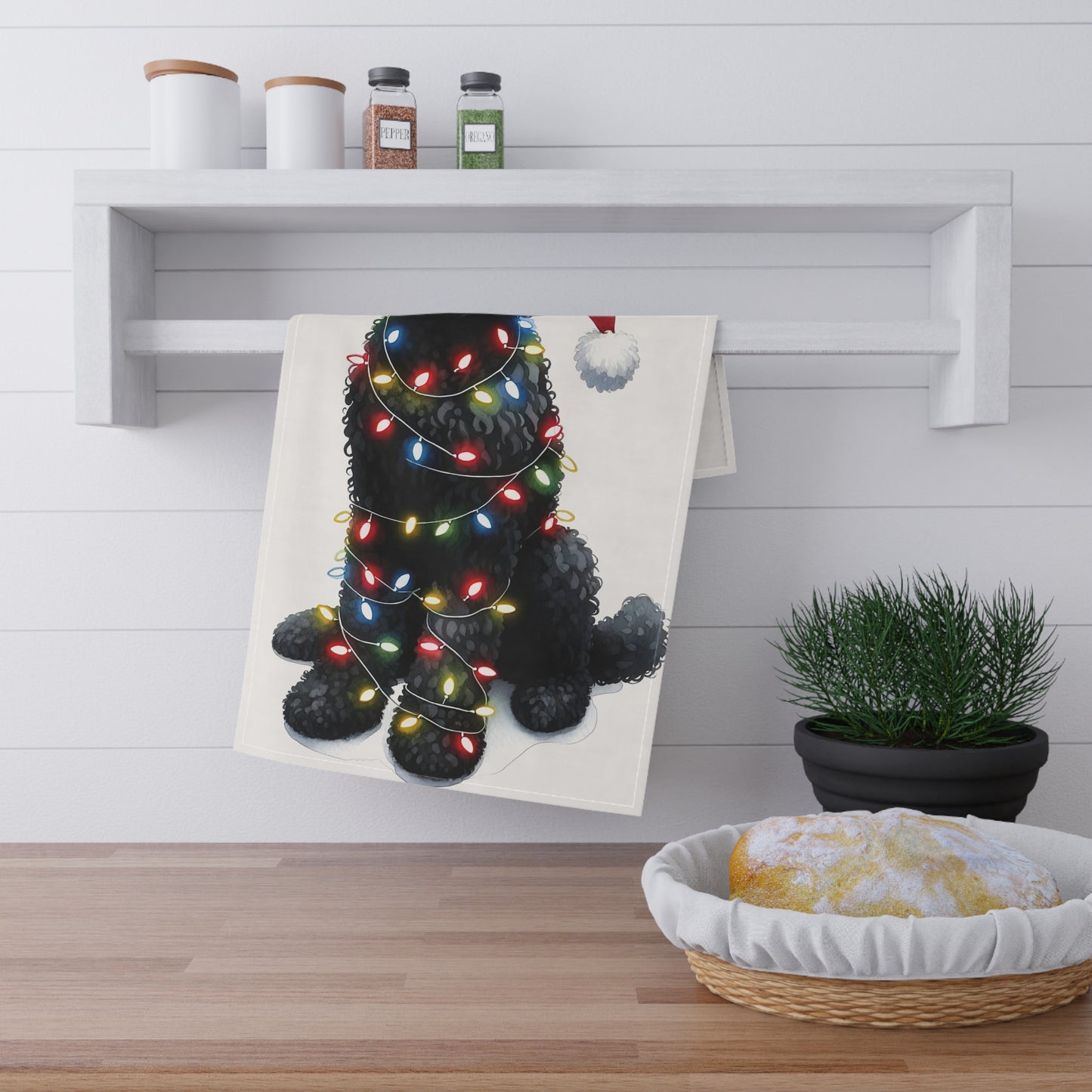 Black Doodle w/Christmas Lights Kitchen Towel